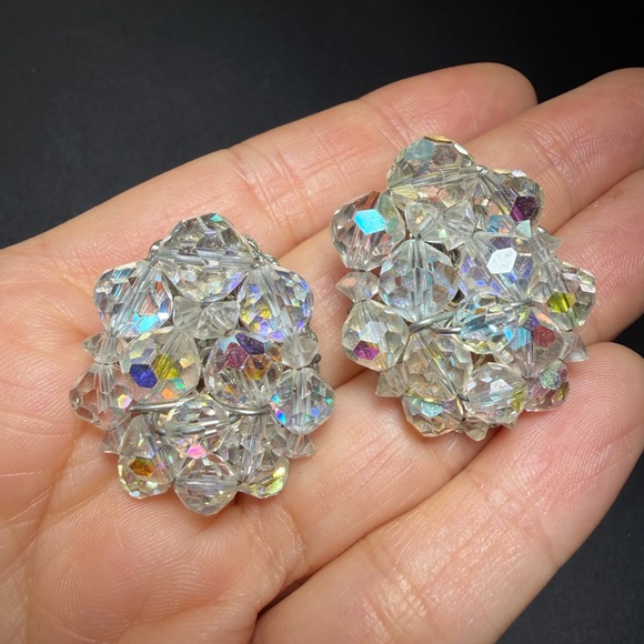 Vintage Jewelry - Vintage Aurora Borealis AB Crystal Rhinestone Filigree Clip-On Earrings